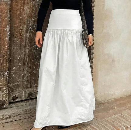 Women's High Waisted Maxi Skirt A-Line Flowy Pleated Cotton Long Skirt