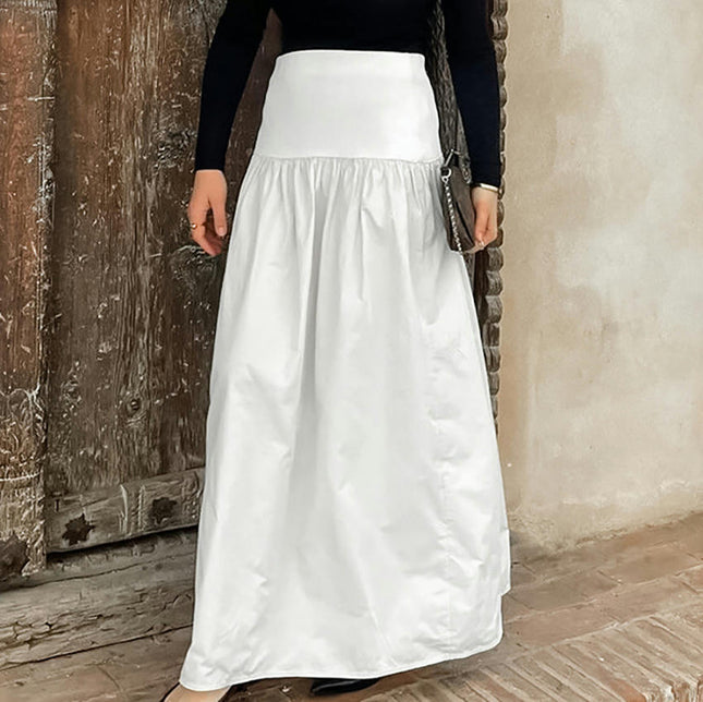 Women's High Waisted Maxi Skirt A-Line Flowy Pleated Cotton Long Skirt