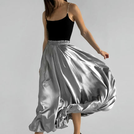 Women's Bubble Skirt High Waist Pleated Sparkly Metallic Silver Balloon A Line Flowy Maxi Skirts