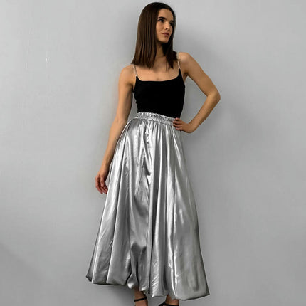Women's Bubble Skirt High Waist Pleated Sparkly Metallic Silver Balloon A Line Flowy Maxi Skirts