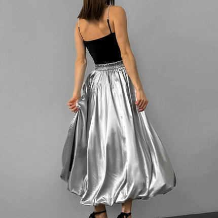 Women's Bubble Skirt High Waist Pleated Sparkly Metallic Silver Balloon A Line Flowy Maxi Skirts