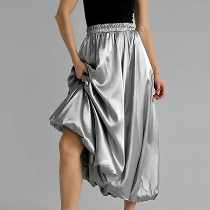 Women's Bubble Skirt High Waist Pleated Sparkly Metallic Silver Balloon A Line Flowy Maxi Skirts