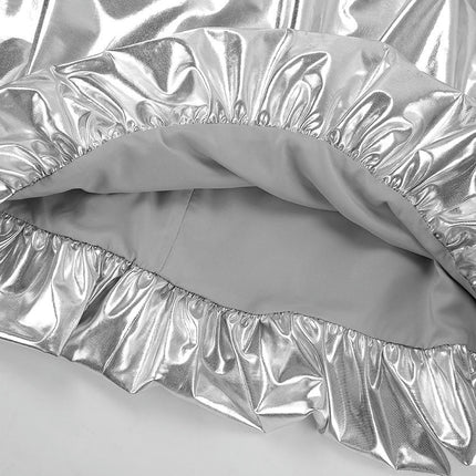 Women's Bubble Skirt High Waist Pleated Sparkly Metallic Silver Balloon A Line Flowy Maxi Skirts