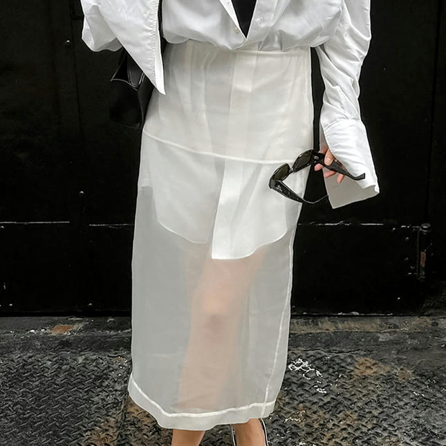 Womens High Waist Sheer Mesh Skirt See-Through Slit Tulle Midi Skirt