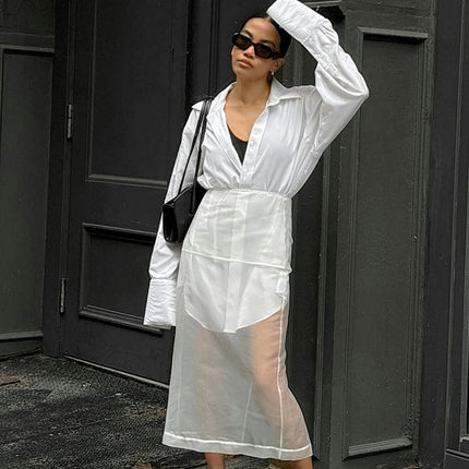 Womens High Waist Sheer Mesh Skirt See-Through Slit Tulle Midi Skirt