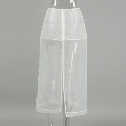 Womens High Waist Sheer Mesh Skirt See-Through Slit Tulle Midi Skirt