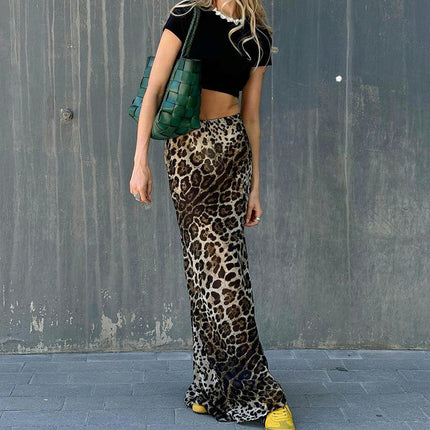 Women's Leopard Casual A-Line Maxi Skirt High Waisted Cheetah Print Long Skirts