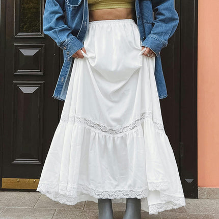 Women Summer High Waisted Long Skirts A-Line Lace Trim Flowy Maxi Skirt