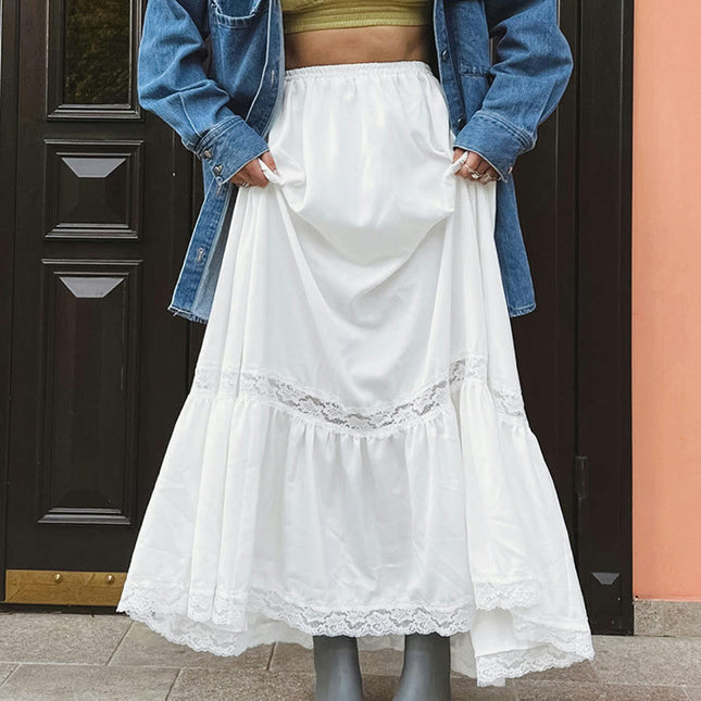 Women Summer High Waisted Long Skirts A-Line Lace Trim Flowy Maxi Skirt