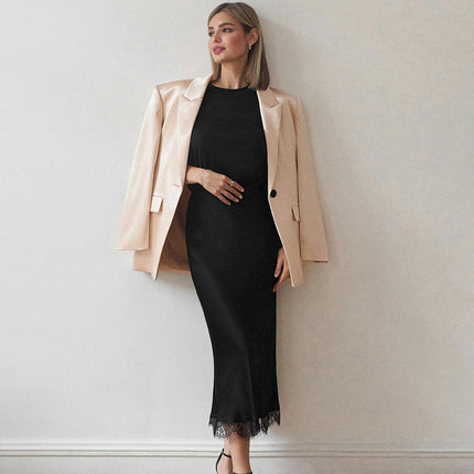 Women's High Waist Stretch Bodycon Midi Skirt Lace Trim Pencil Skirt