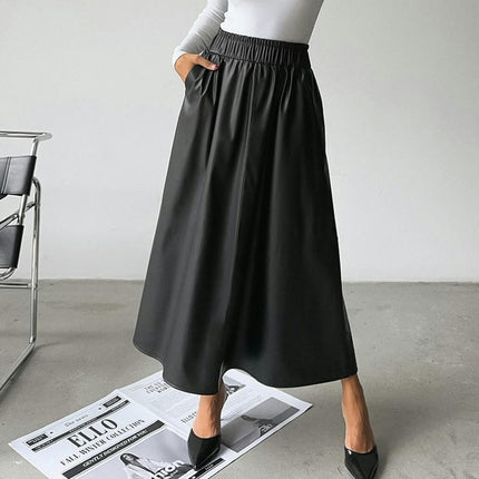 Womens High Waisted Pleated Pu Leather A-Line Swing Long Skirt with Pockets