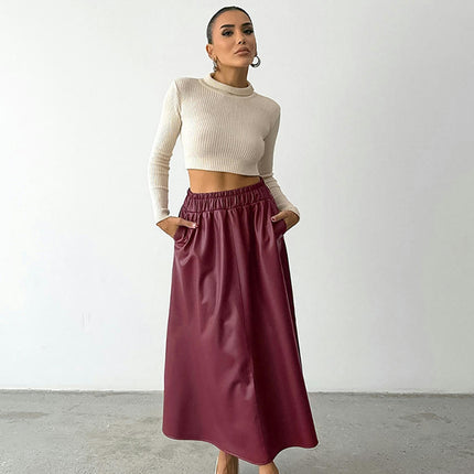 Womens High Waisted Pleated Pu Leather A-Line Swing Long Skirt with Pockets