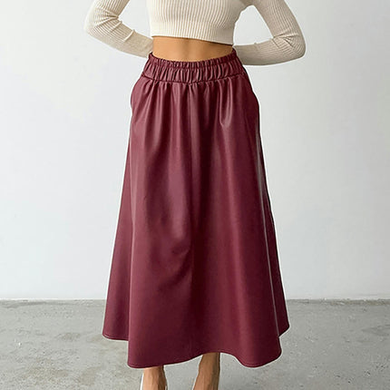 Womens High Waisted Pleated Pu Leather A-Line Swing Long Skirt with Pockets