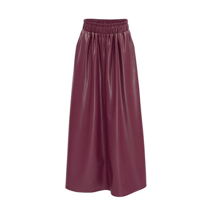 Womens High Waisted Pleated Pu Leather A-Line Swing Long Skirt with Pockets