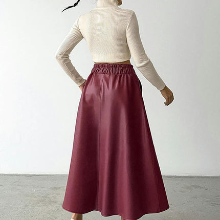 Womens High Waisted Pleated Pu Leather A-Line Swing Long Skirt with Pockets