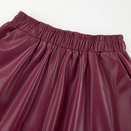 Womens High Waisted Pleated Pu Leather A-Line Swing Long Skirt with Pockets
