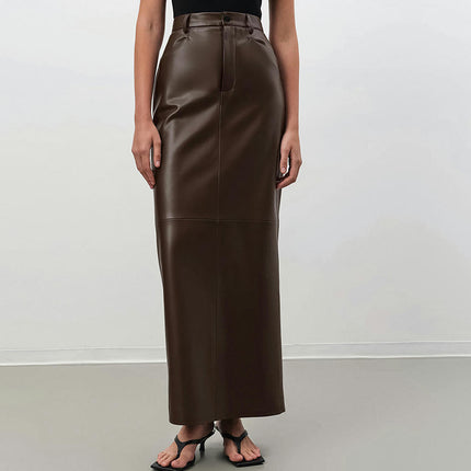 Womens Faux Leather Long Skirt Bodycon Slit High Waist Pencil Maxi Skirt with Pockets