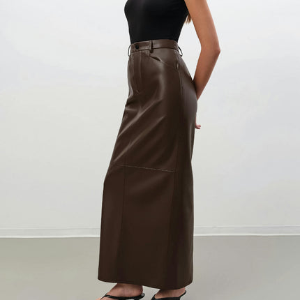 Womens Faux Leather Long Skirt Bodycon Slit High Waist Pencil Maxi Skirt with Pockets