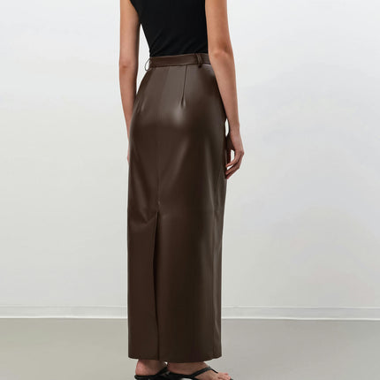 Womens Faux Leather Long Skirt Bodycon Slit High Waist Pencil Maxi Skirt with Pockets