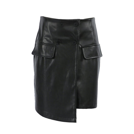 Women's Fuax Leather Short Skirts High Waist Button Bodycon Mini Skirt