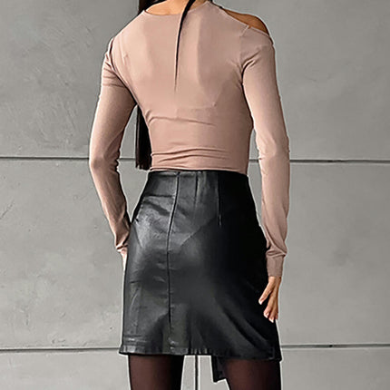 Women's Fuax Leather Short Skirts High Waist Button Bodycon Mini Skirt
