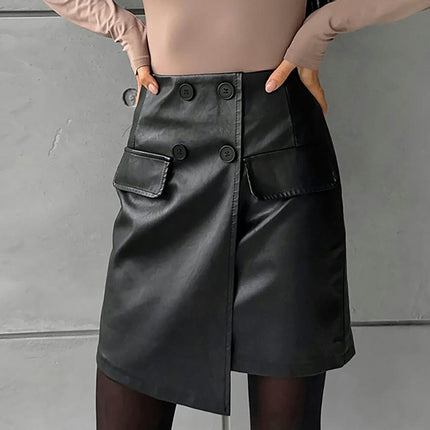 Women's Fuax Leather Short Skirts High Waist Button Bodycon Mini Skirt