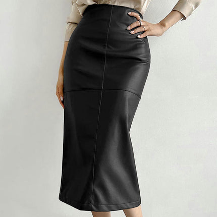 Faux Leather Pencil Skirt for Women Casual Bodycon Slit Midi Skirt