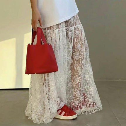 Women's Floral Lace Sheer Maxi Skirts High Waist See Through Long Skirt