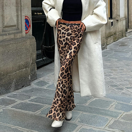 Women's Leopard Print A-Line Maxi Skirt High Waisted Long Skirts