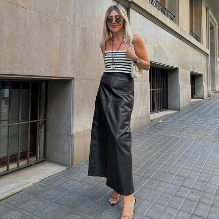 Women's High Waist Faux Leather Maxi Skirt A-Line Long Skirt with Slit