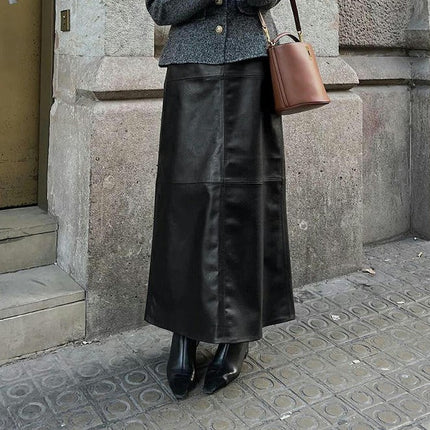 Women's High Waist Faux Leather Maxi Skirt A-Line Long Skirt with Slit