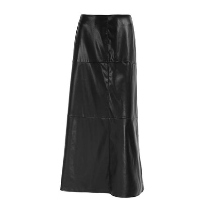 Women's High Waist Faux Leather Maxi Skirt A-Line Long Skirt with Slit