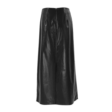 Women's High Waist Faux Leather Maxi Skirt A-Line Long Skirt with Slit