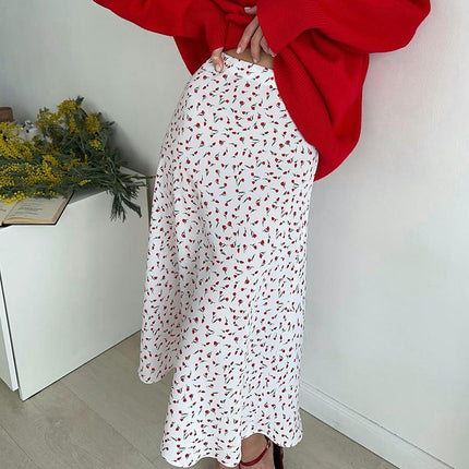 Women's Midi Satin Skirt High Waisted Elegant Floral Print Skirts
