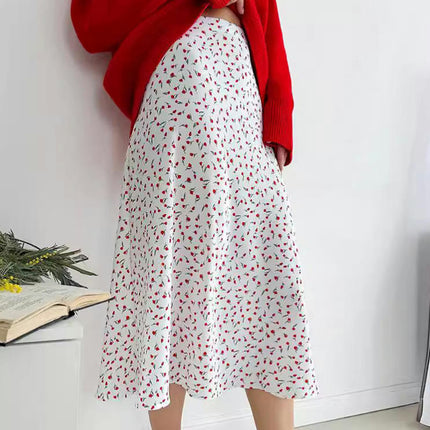 Women's Midi Satin Skirt High Waisted Elegant Floral Print Skirts