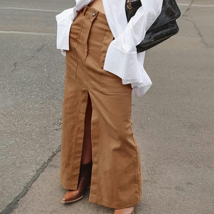 Women's High Waist Faux Suede Maxi Skirt Split Bodycon Long Skirt