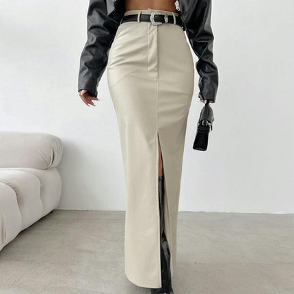 Long Faux Leather Skirts for Women Casual High Waisted Bodycon Maxi Skirt with Slit