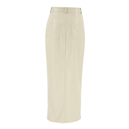 Long Faux Leather Skirts for Women Casual High Waisted Bodycon Maxi Skirt with Slit