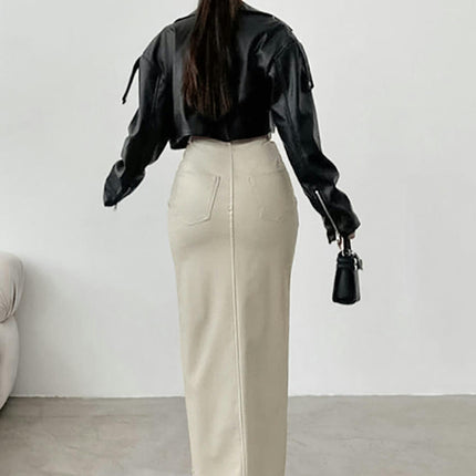 Long Faux Leather Skirts for Women Casual High Waisted Bodycon Maxi Skirt with Slit