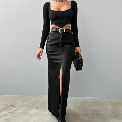 Long Faux Leather Skirts for Women Casual High Waisted Bodycon Maxi Skirt with Slit