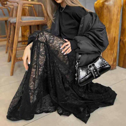 Women's Sexy Sheer Lace Long Skirt High Waisted Floral A Line Maxi Skirts