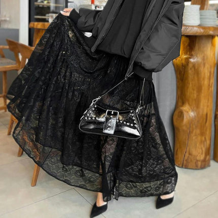 Women's Sexy Sheer Lace Long Skirt High Waisted Floral A Line Maxi Skirts