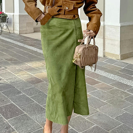 Women Fall Winter Elegant Faux Suede Skirts Bodycon Pencil Long Skirt with Slit