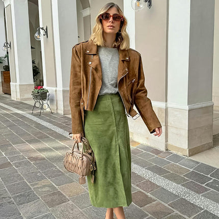Women Fall Winter Elegant Faux Suede Skirts Bodycon Pencil Long Skirt with Slit