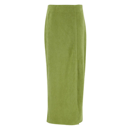 Women Fall Winter Elegant Faux Suede Skirts Bodycon Pencil Long Skirt with Slit