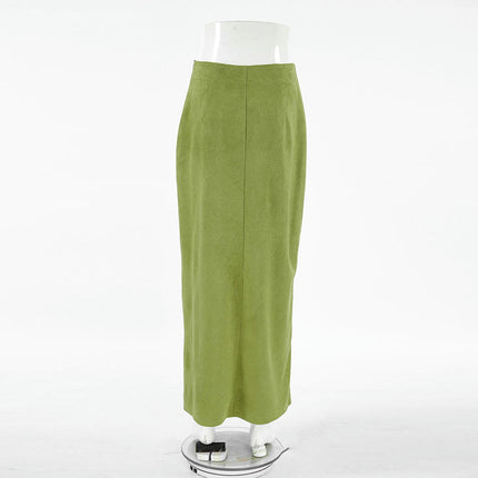 Women Fall Winter Elegant Faux Suede Skirts Bodycon Pencil Long Skirt with Slit