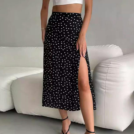 Womens Summer Polka Dot Print Skirt Slit High Waisted A Line Midi Skirts