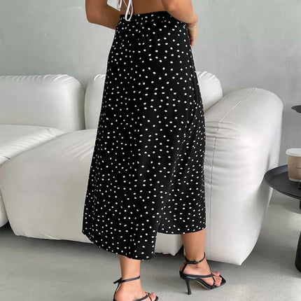 Womens Summer Polka Dot Print Skirt Slit High Waisted A Line Midi Skirts