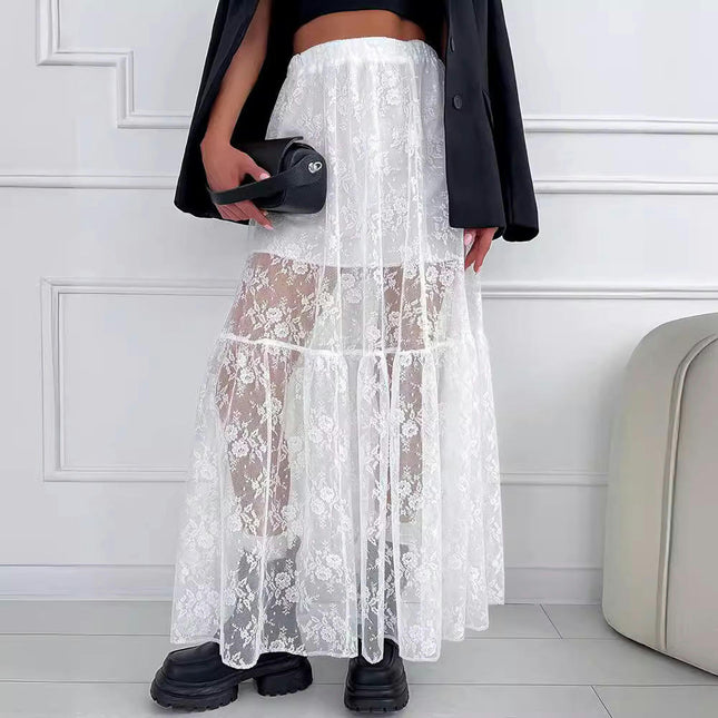 Women's See Through Floral Lace Skirts Elastic High Waist Sheer A Line Long Skirt