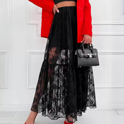 Women's See Through Floral Lace Skirts Elastic High Waist Sheer A Line Long Skirt